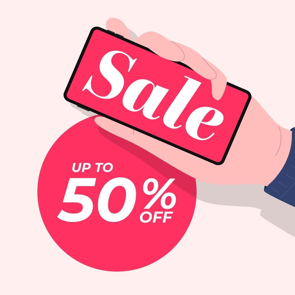 Hand holding phone with sale promotion discount 50 percent, Sale banner template. vector