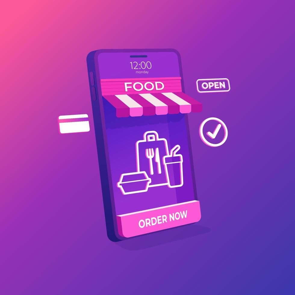 Online food shop delivery on mobile application concept. 3D Online store on mobile phone. vector