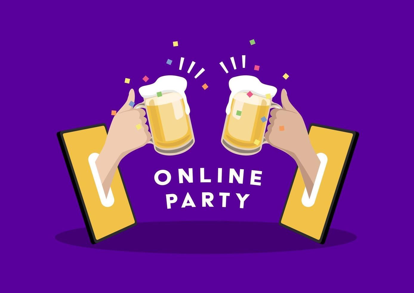 Online party. Two hands holding beer out of a mobile phone. Celebrate with friends at home with video call. Social Distancing concept. vector