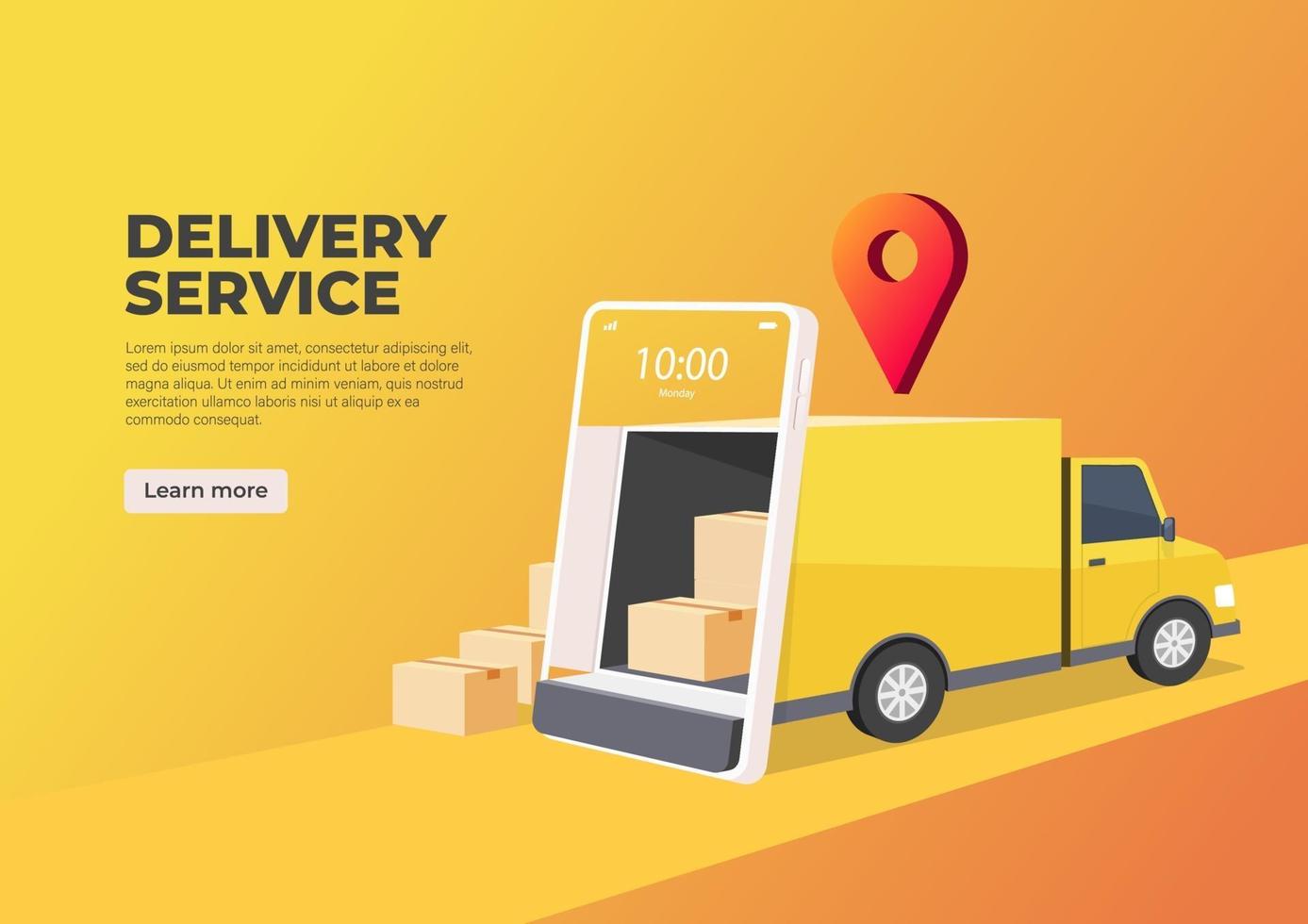 Delivery truck opens the door from the mobile phone screen. Online delivery service banner. Smart logistics, cargo shipment and freight transportation. vector