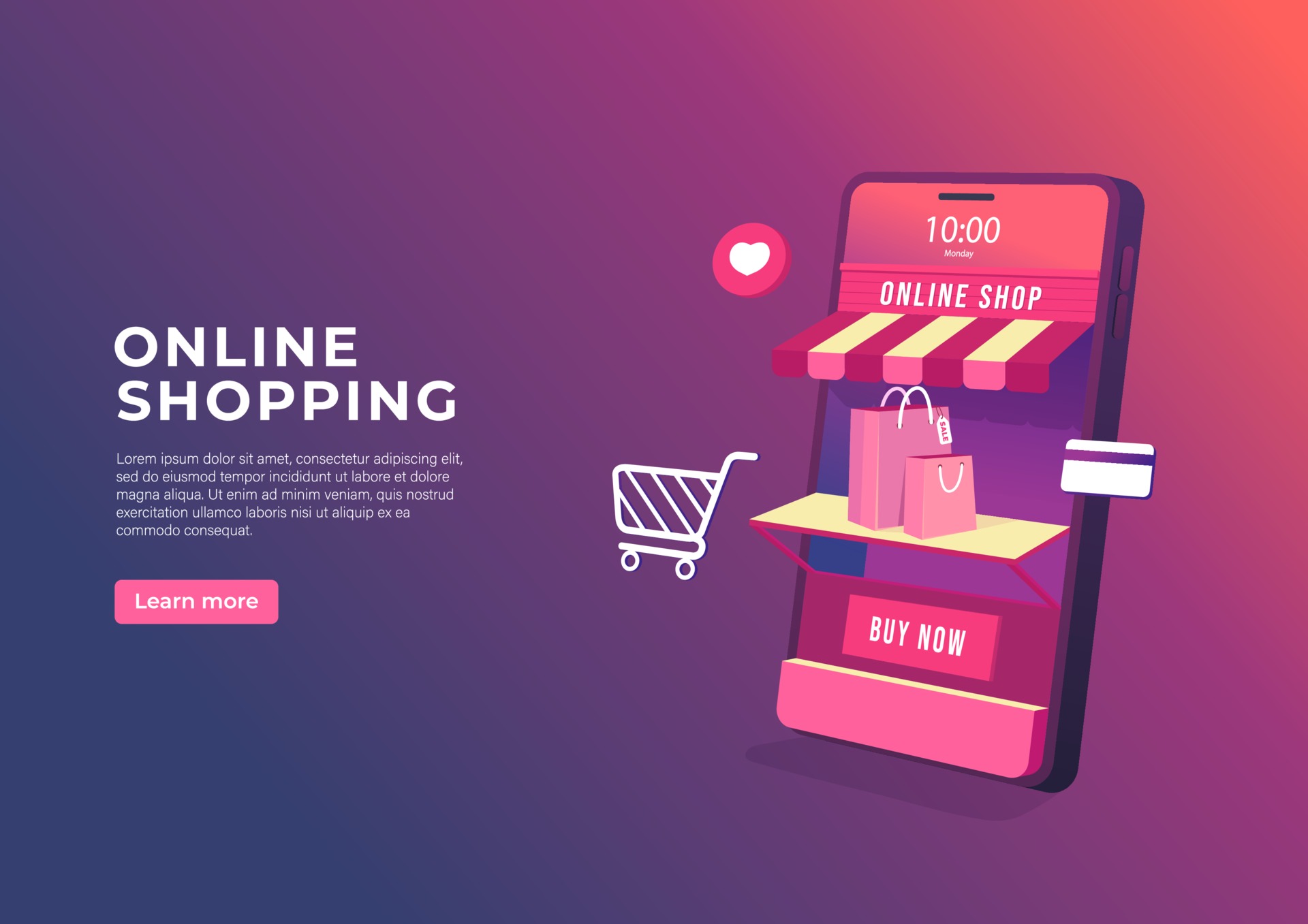 Online shopping on mobile application banner. 3D Online store on mobile