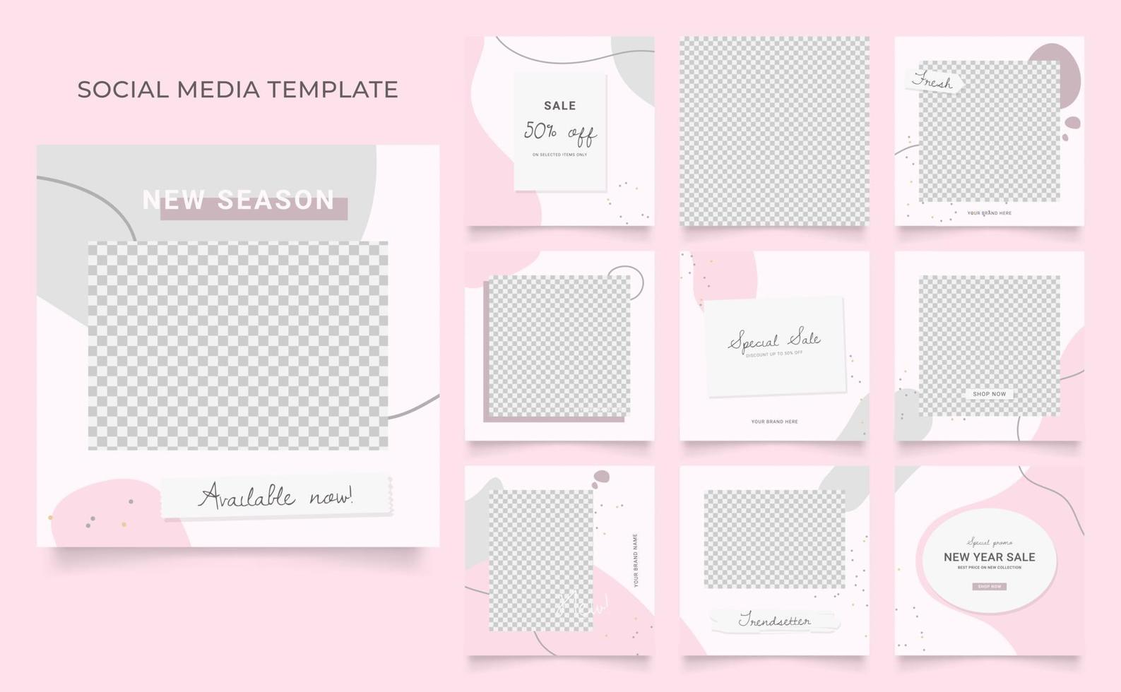 Promoción de venta de moda de blog de banner de plantilla de redes sociales. Póster de venta orgánico de rompecabezas de marco cuadrado completamente editable. fondo rosa vector blanco