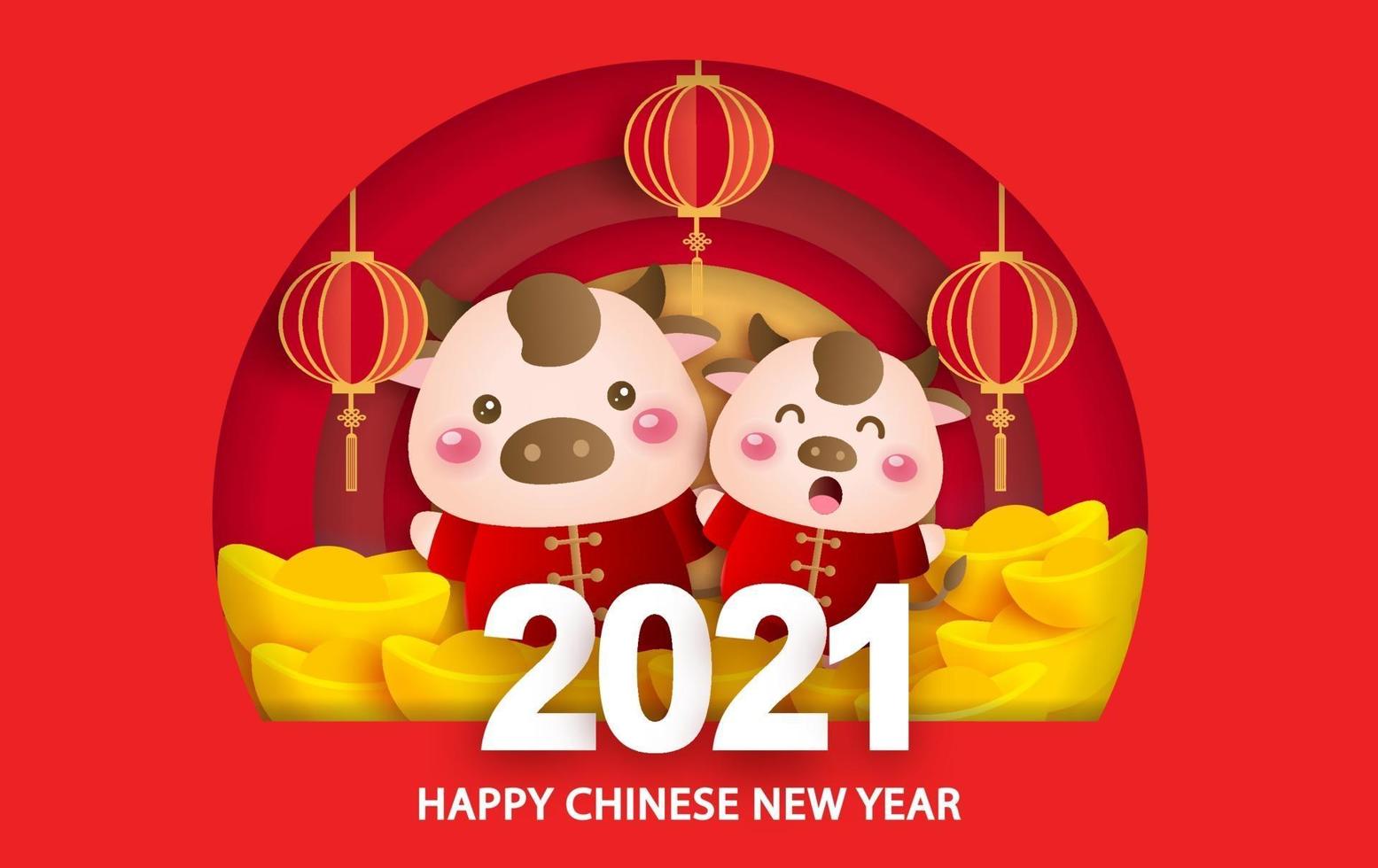 Chinese new year 2021 year of the ox greeting card with a cute ox vector