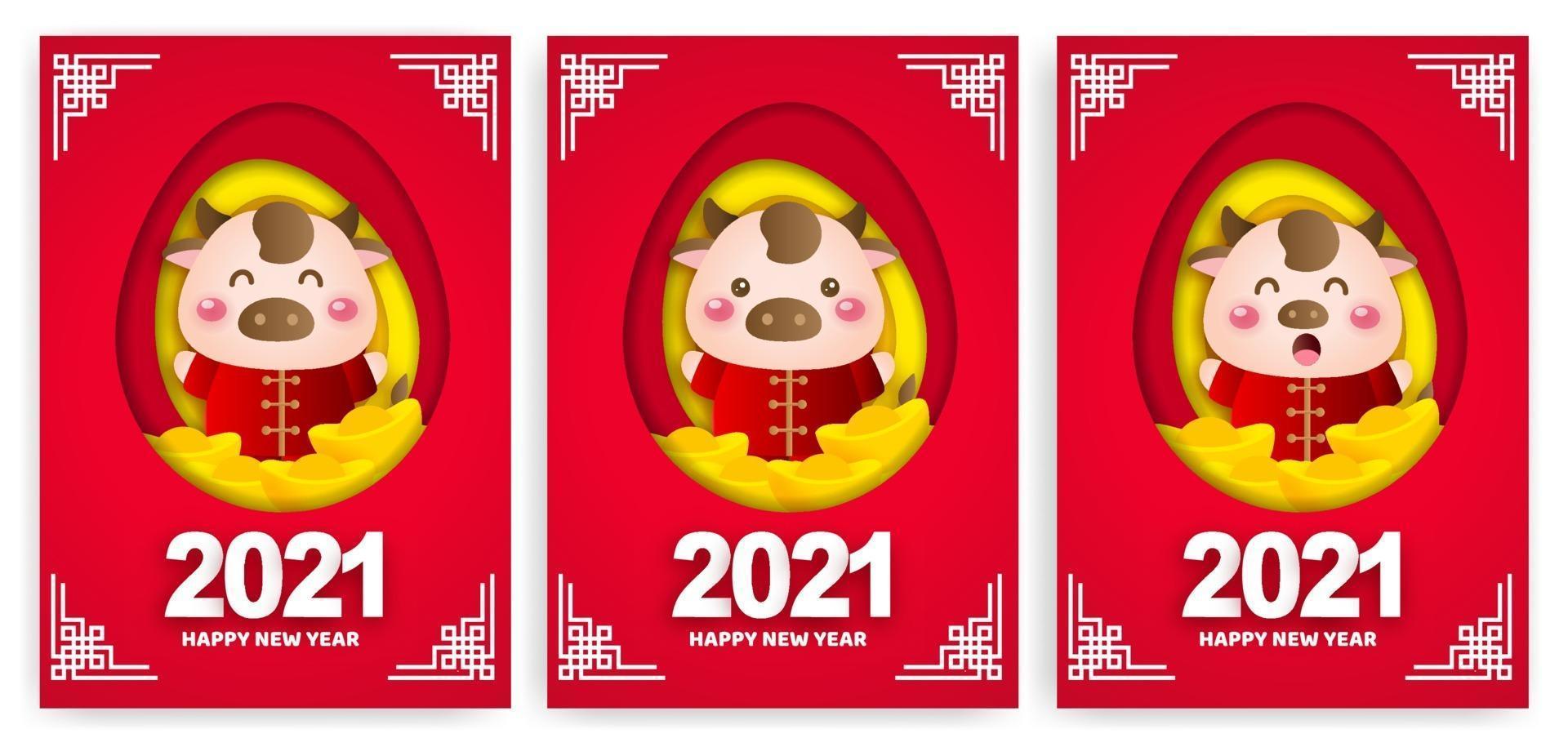 Feliz año nuevo chino 2021 tarjetas de felicitación, año del buey. vector