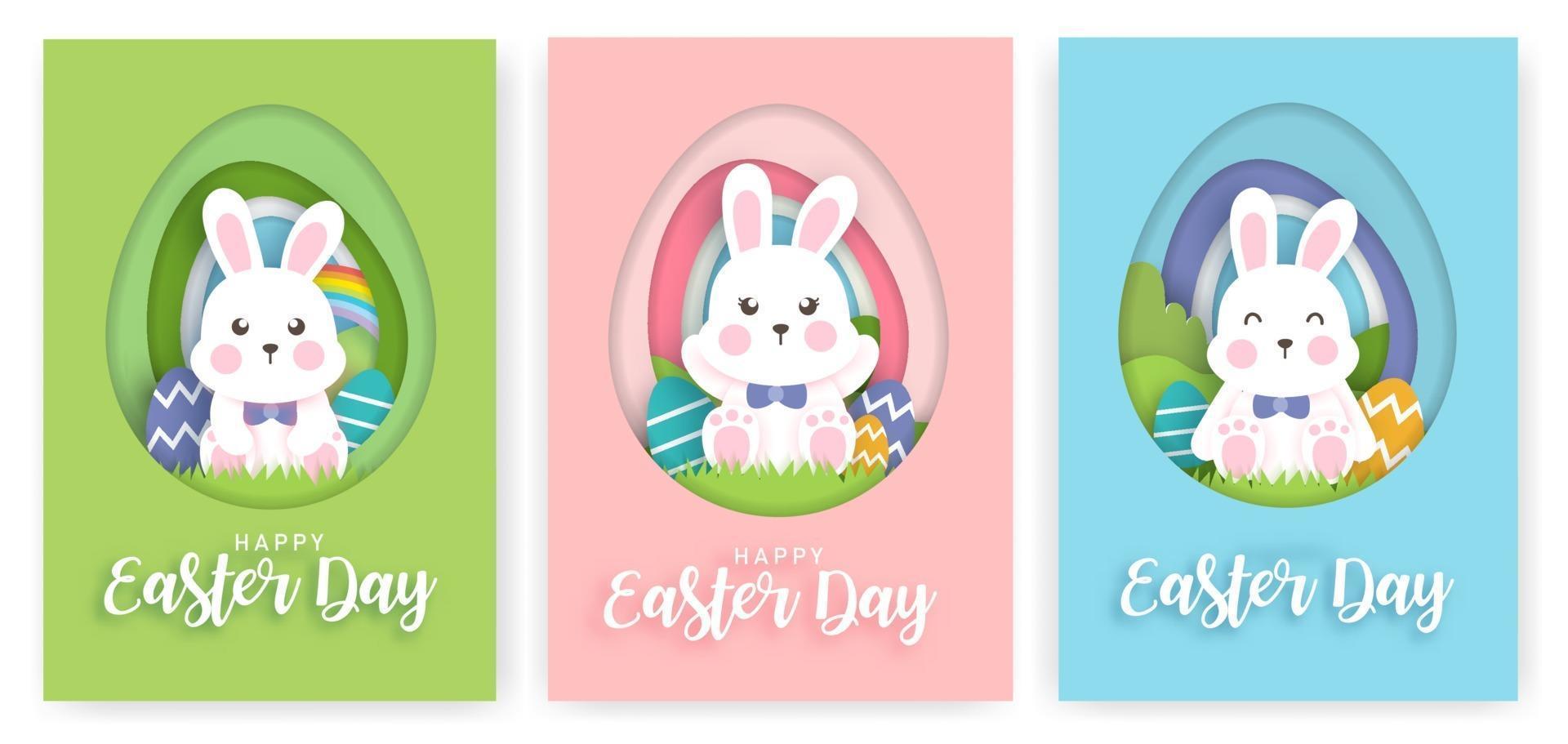 Set of Easter day cards with cute rabbit in paper cut style. vector