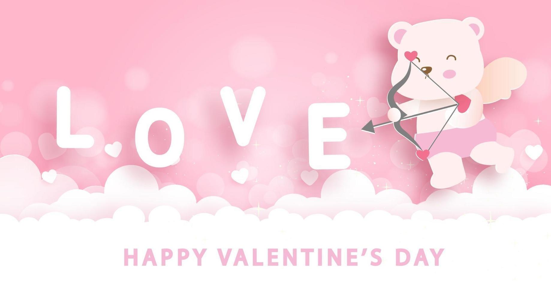 Valentine's day greeting card with cute cupid bear. vector