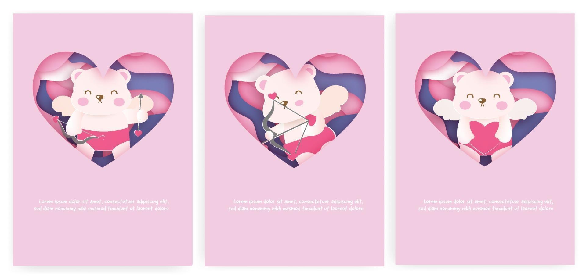 Set of Valentine's cards with cute cupid bears vector