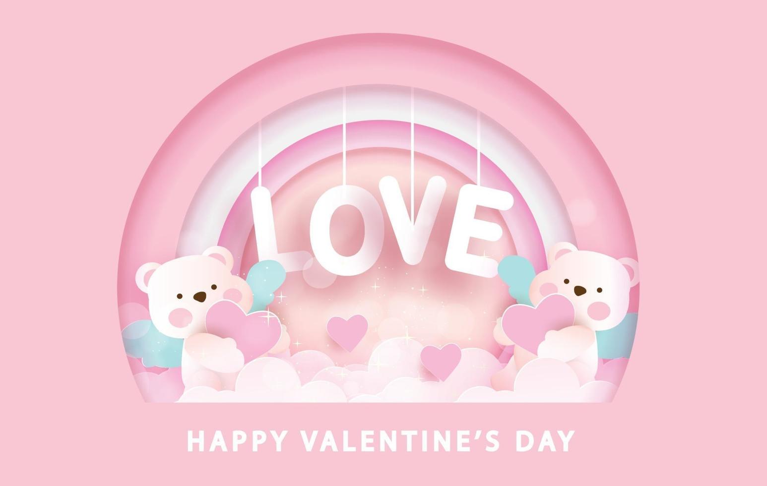 Valentine's day greeting card with cute cupid bears and love text vector