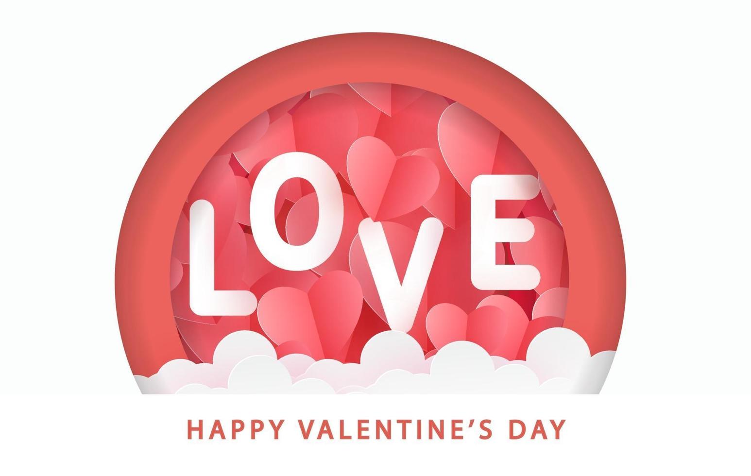 Tarjeta de felicitación del día de San Valentín con corazones de arte en papel y texto de amor. vector