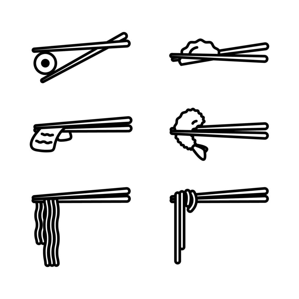 palillos con conjunto de iconos de alimentos. palillos de madera con sushi, ramen, fideos, tempura de camarón, carne en rodajas, bola de masa hervida aislado sobre fondo blanco. vector