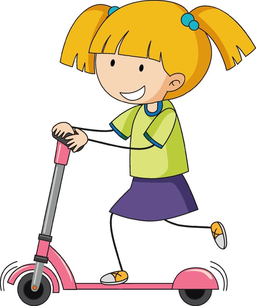 un niño doodle jugando scooter personaje de dibujos animados aislado vector