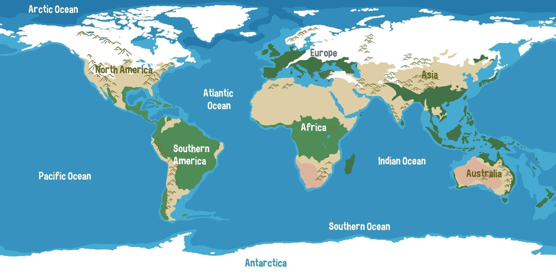 mapa del mundo con nombres de continentes y océanos Vector en Vecteezy