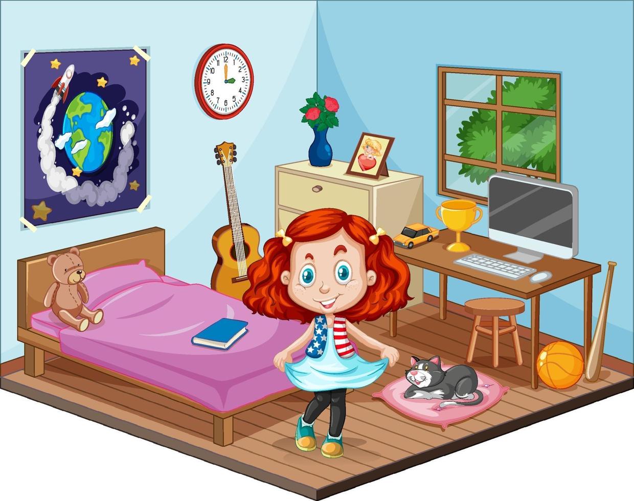 parte del dormitorio de la escena infantil con una niña en estilo de dibujos animados vector