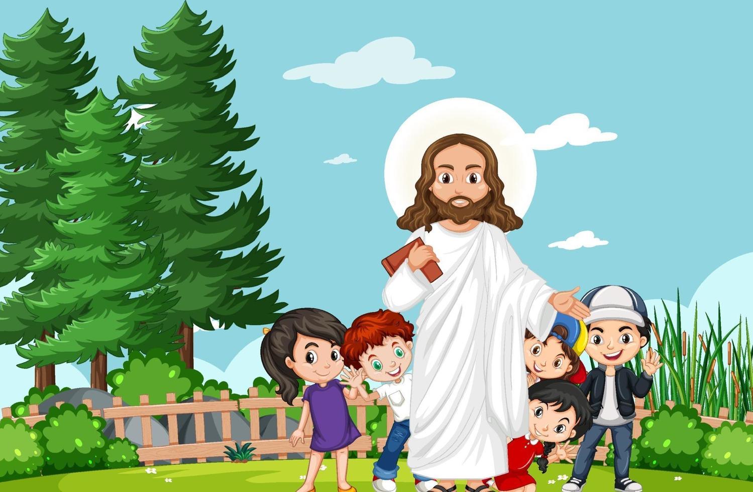 jesus con niños en el parque vector