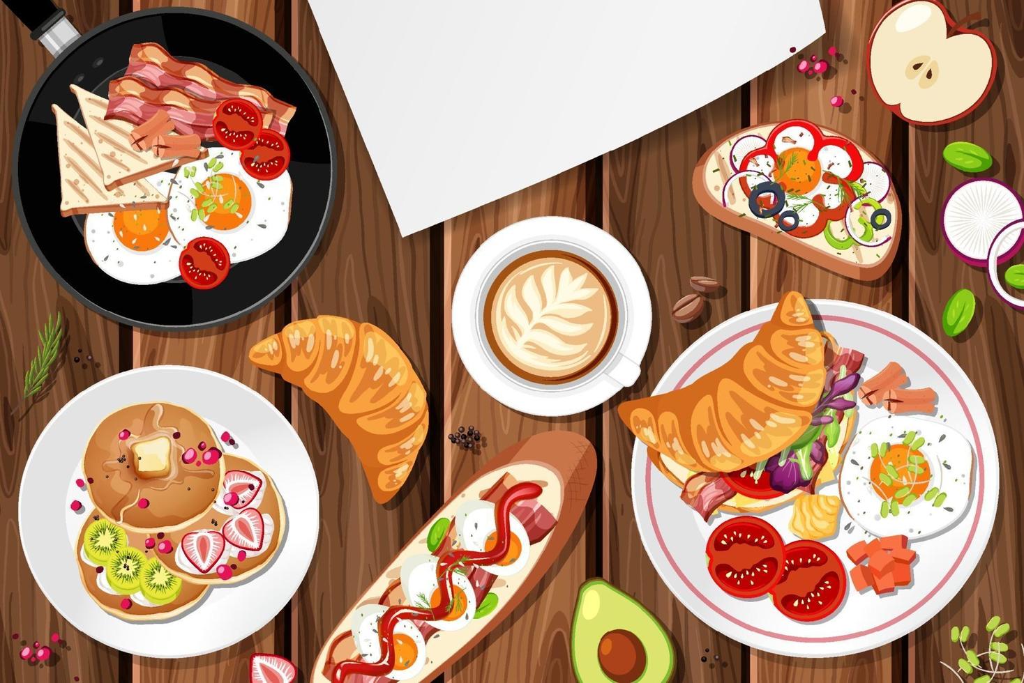Top view of breakfast set on the table vector