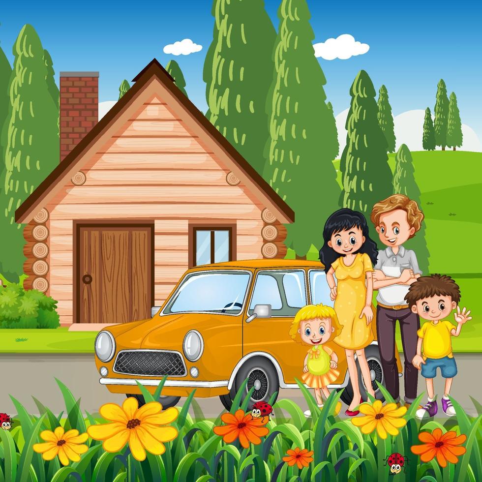 Happy family standing in front of the house vector