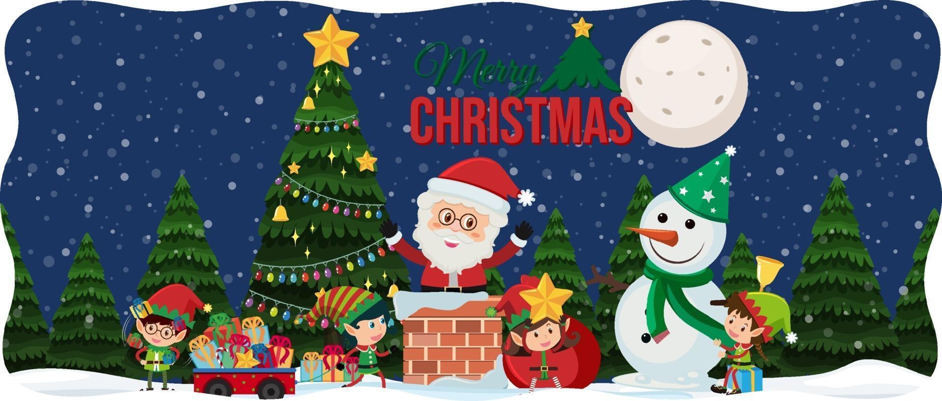 Merry Christmas font with Santa Claus in snow scene vector