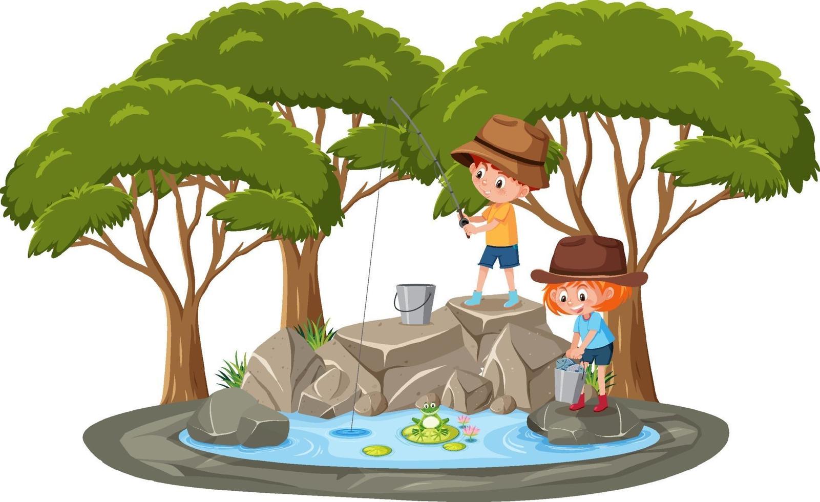 Isolated scene with children fishing at the pond vector