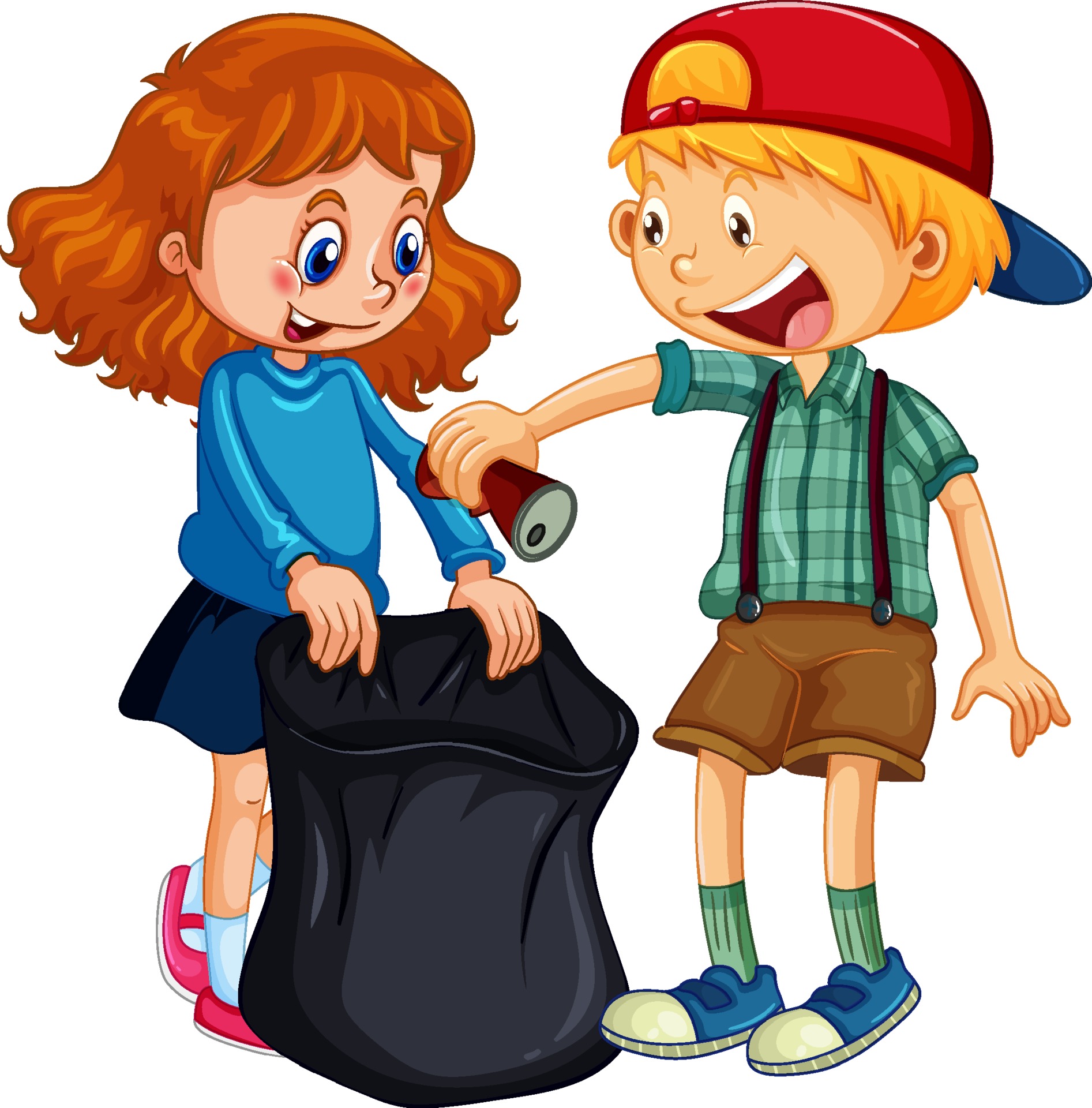 A Boy And Girl Cartoon Character Cleaning Garbage Vector Art At Vecteezy