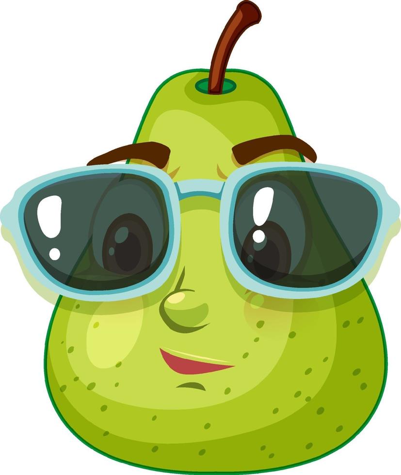 Personaje de dibujos animados de pera verde con gafas de sol sobre fondo blanco. vector