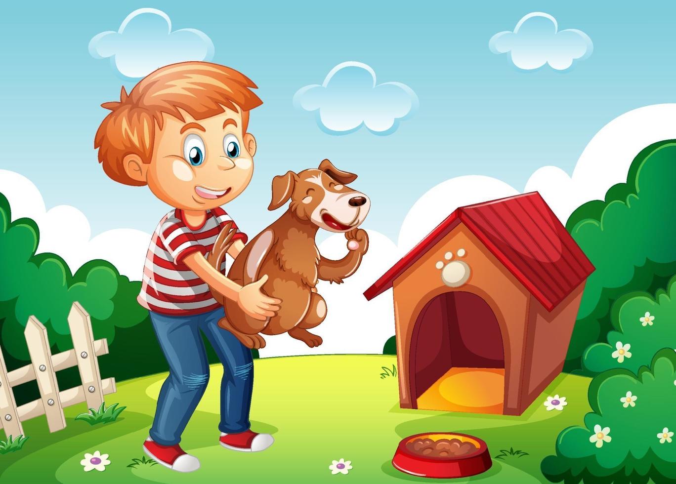 Boy holding a dog in nature scene white doghouse vector