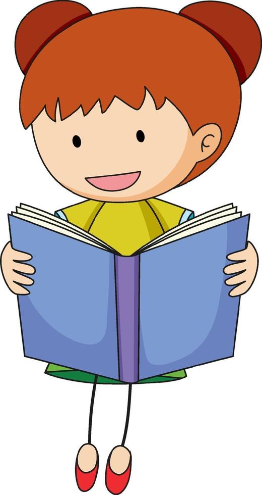 un niño garabato leyendo un libro personaje de dibujos animados aislado vector