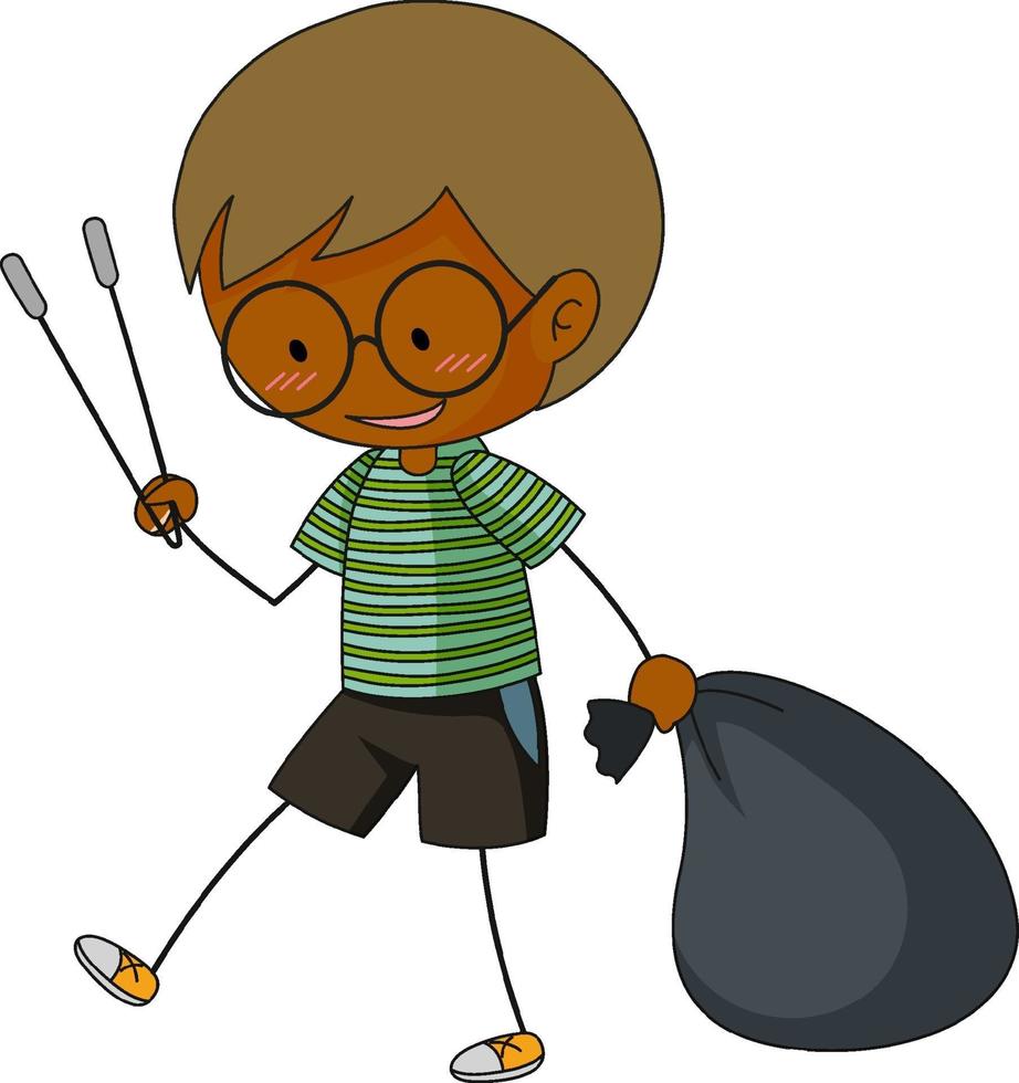 A doodle boy cleaning trash cartoon character isolated vector