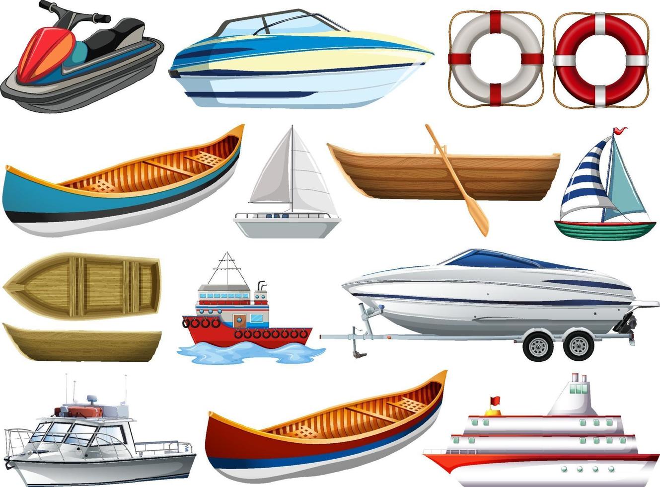 Conjunto de diferentes tipos de barcos y barcos aislado sobre fondo blanco. vector