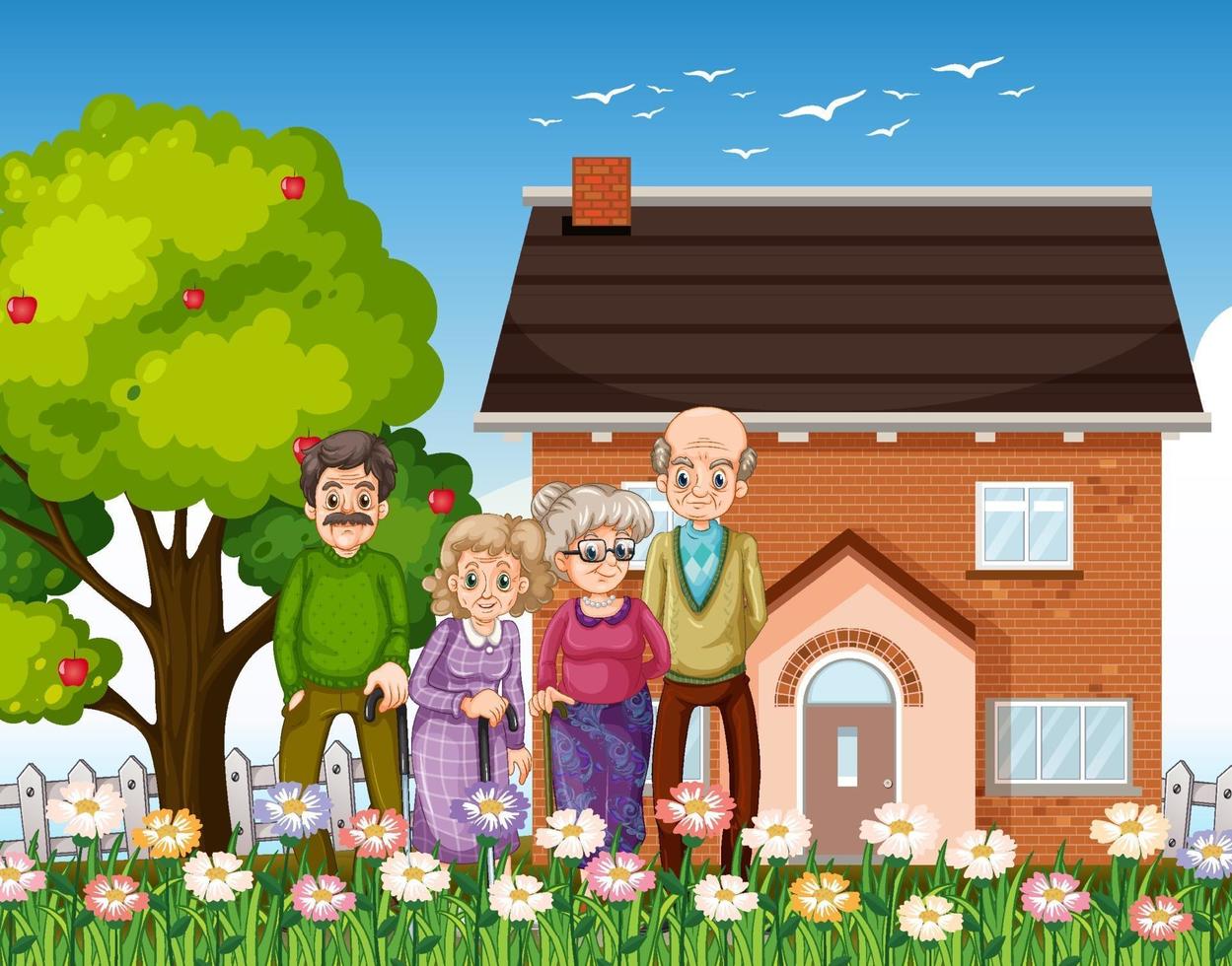 grupo de ancianos de pie frente a una casa vector