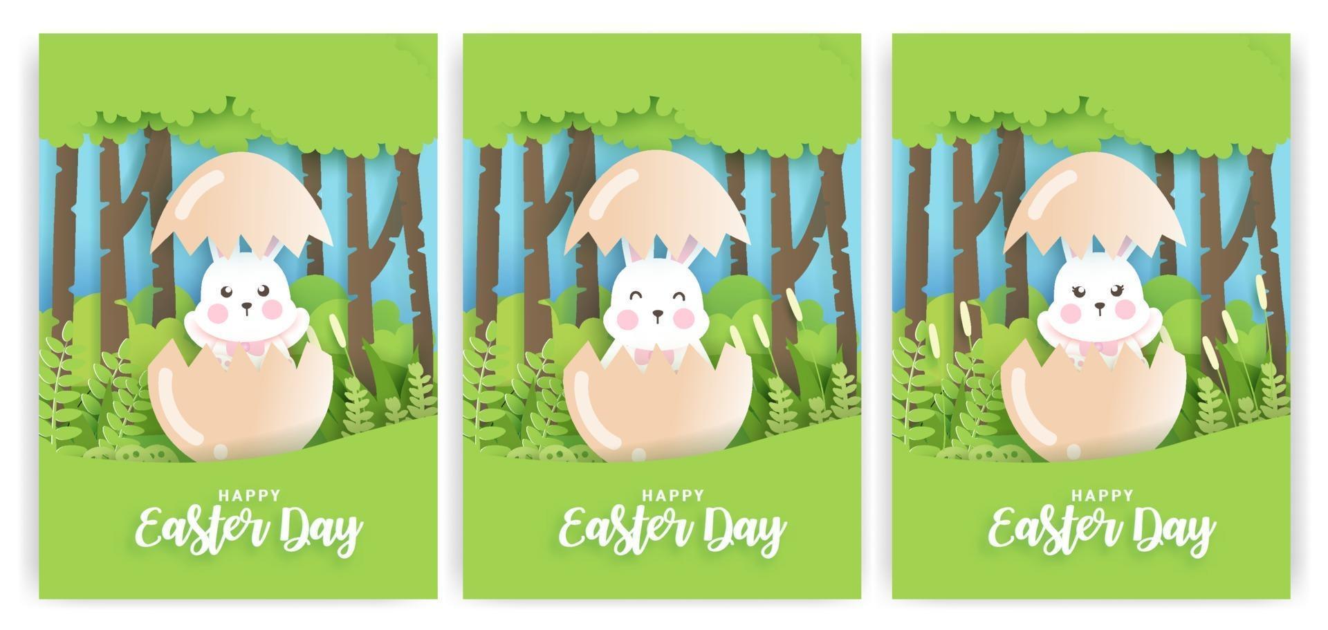 juego de tarjetas del día de pascua con lindo conejo en estilo de corte de papel. vector