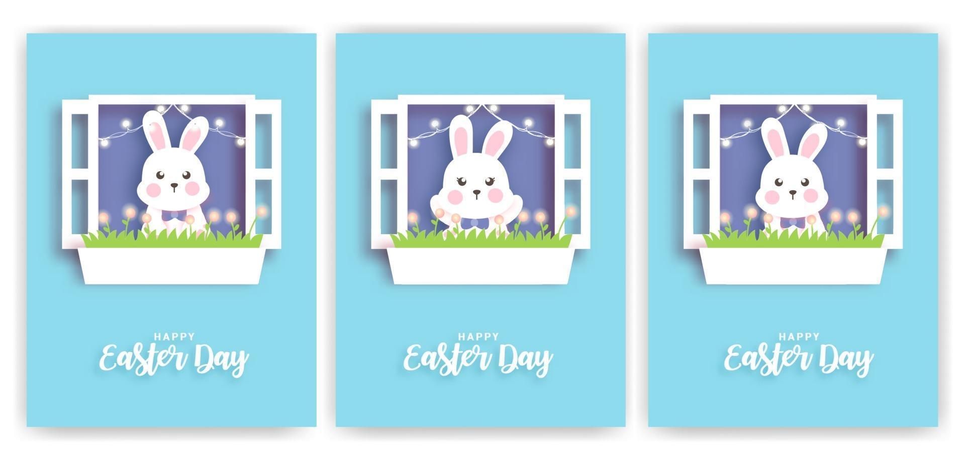 juego de tarjetas del día de pascua con lindo conejo en estilo de corte de papel. vector