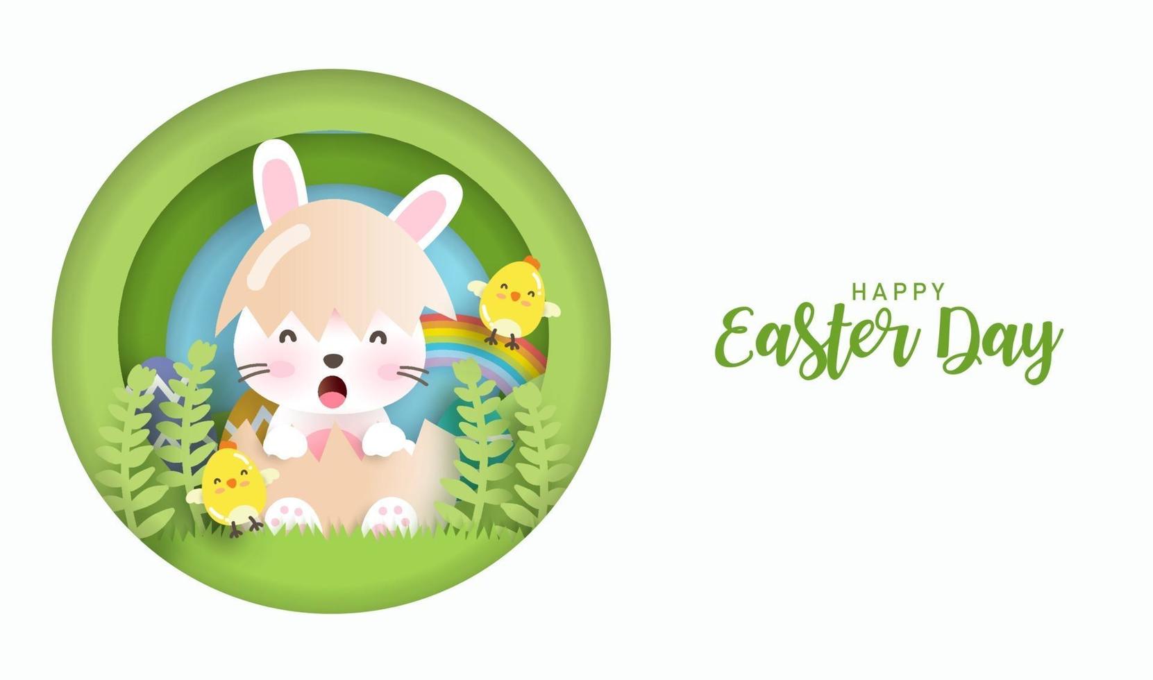 fondo del día de pascua y banner con lindos conejos y huevos de pascua. vector