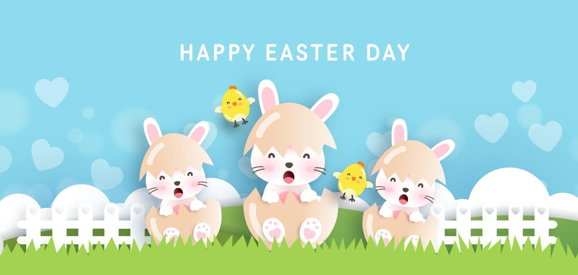 Easter day background and banner with cute rabbits and easter eggs. vector