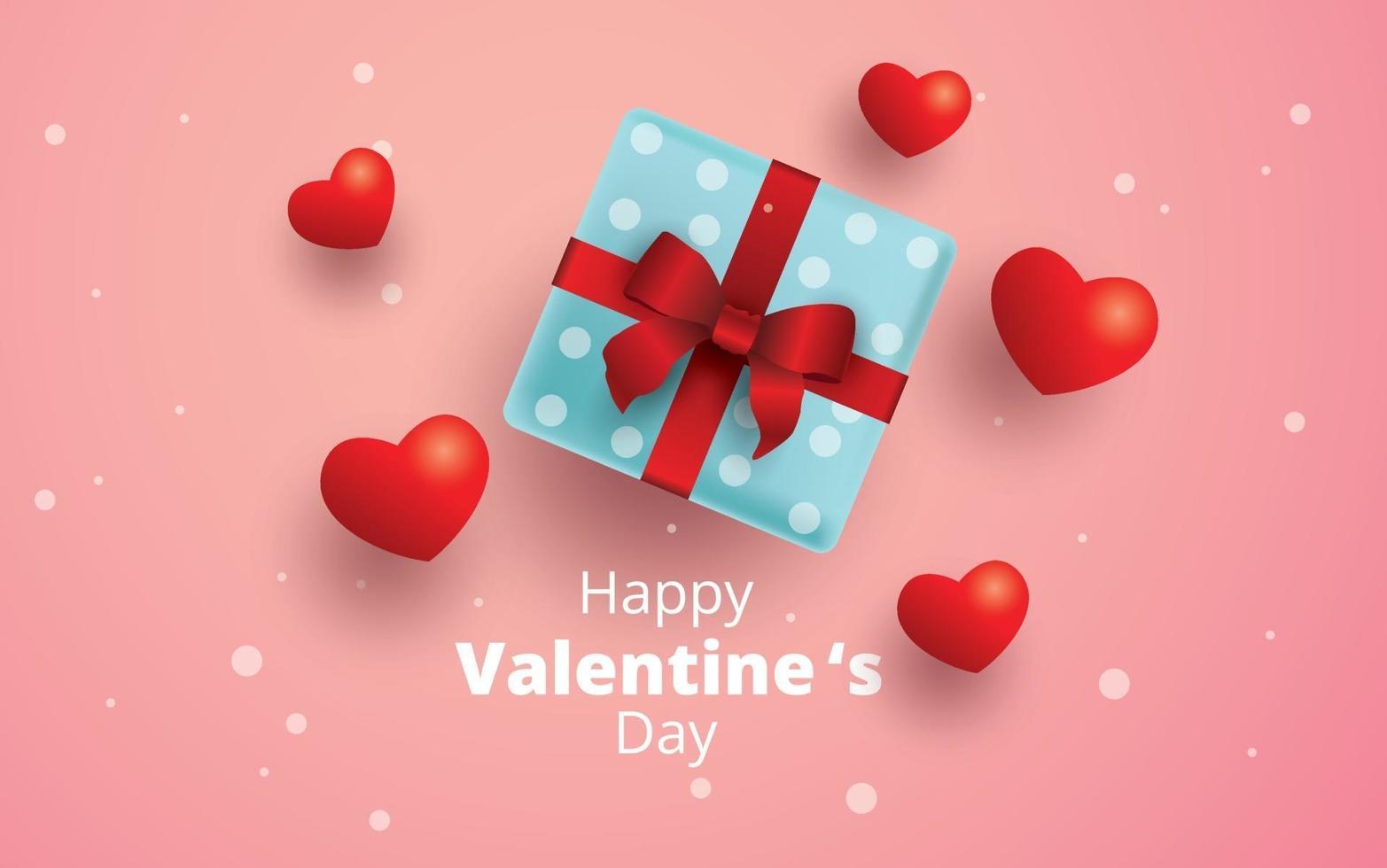 feliz día de san valentín, caja de regalo y fondo de corazones vector