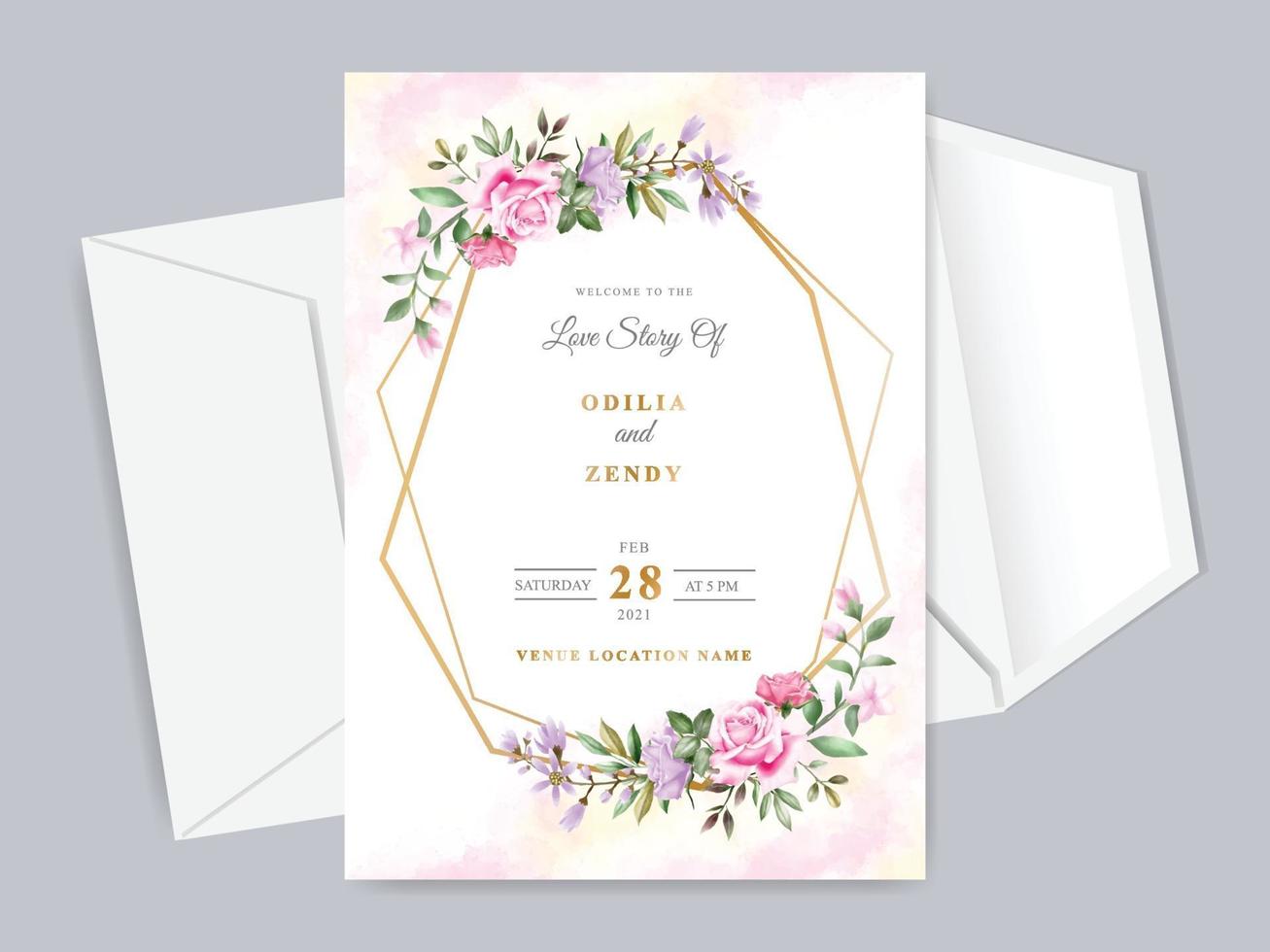 hermosa plantilla de tarjeta de invitación de boda floral dibujada a mano vector