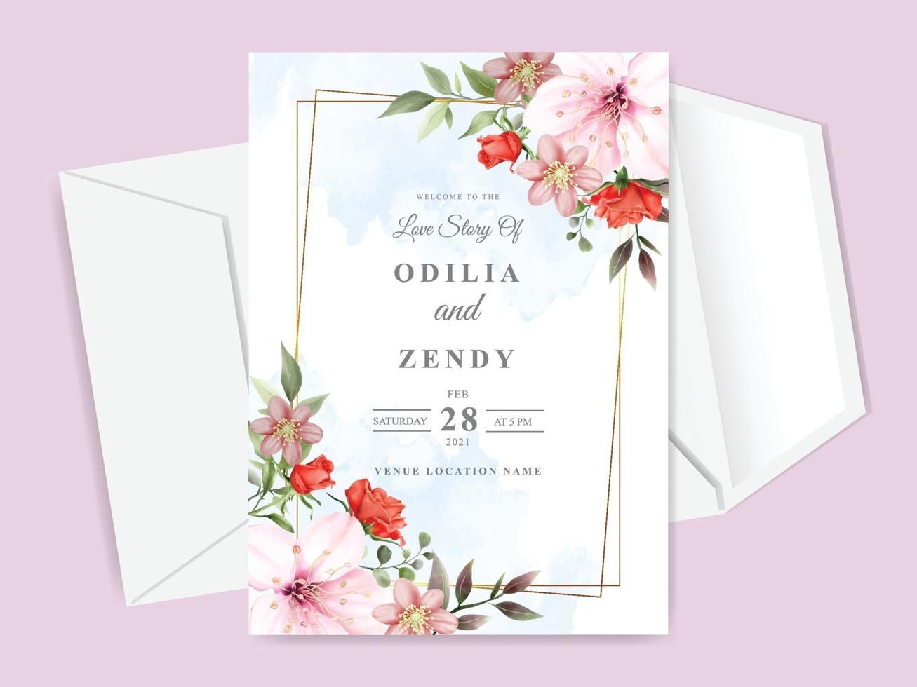 hermosa y elegante tarjeta de invitación de boda floral dibujada a mano vector