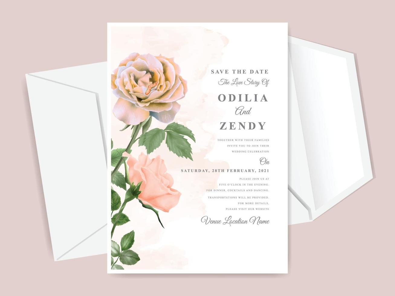 hermosa y elegante tarjeta de invitación de boda floral dibujada a mano vector