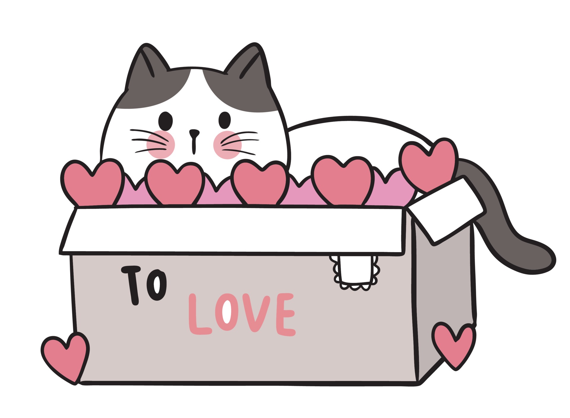 Hand draw cartoon cute Valentine day, Cat in the box vector. 1970479 Vector  Art at Vecteezy