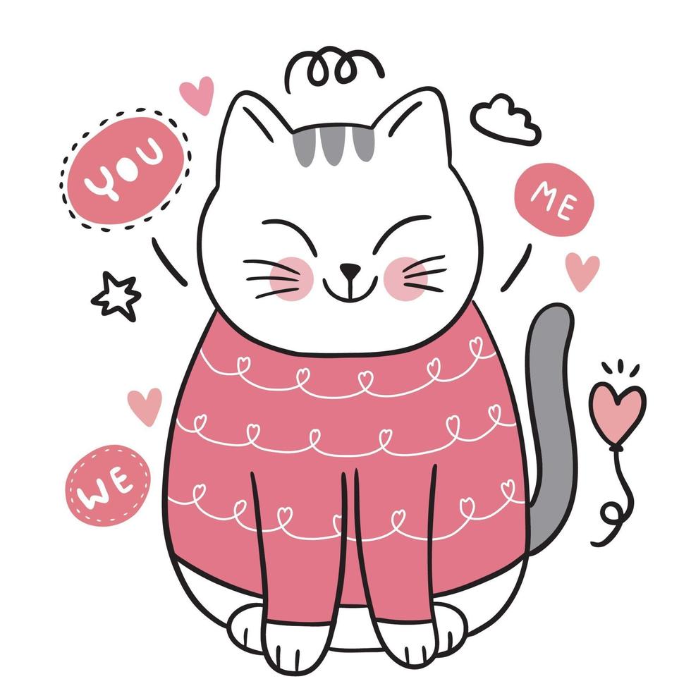 Hand draw cartoon cute Valentine day, Doodle cat and hearts vector