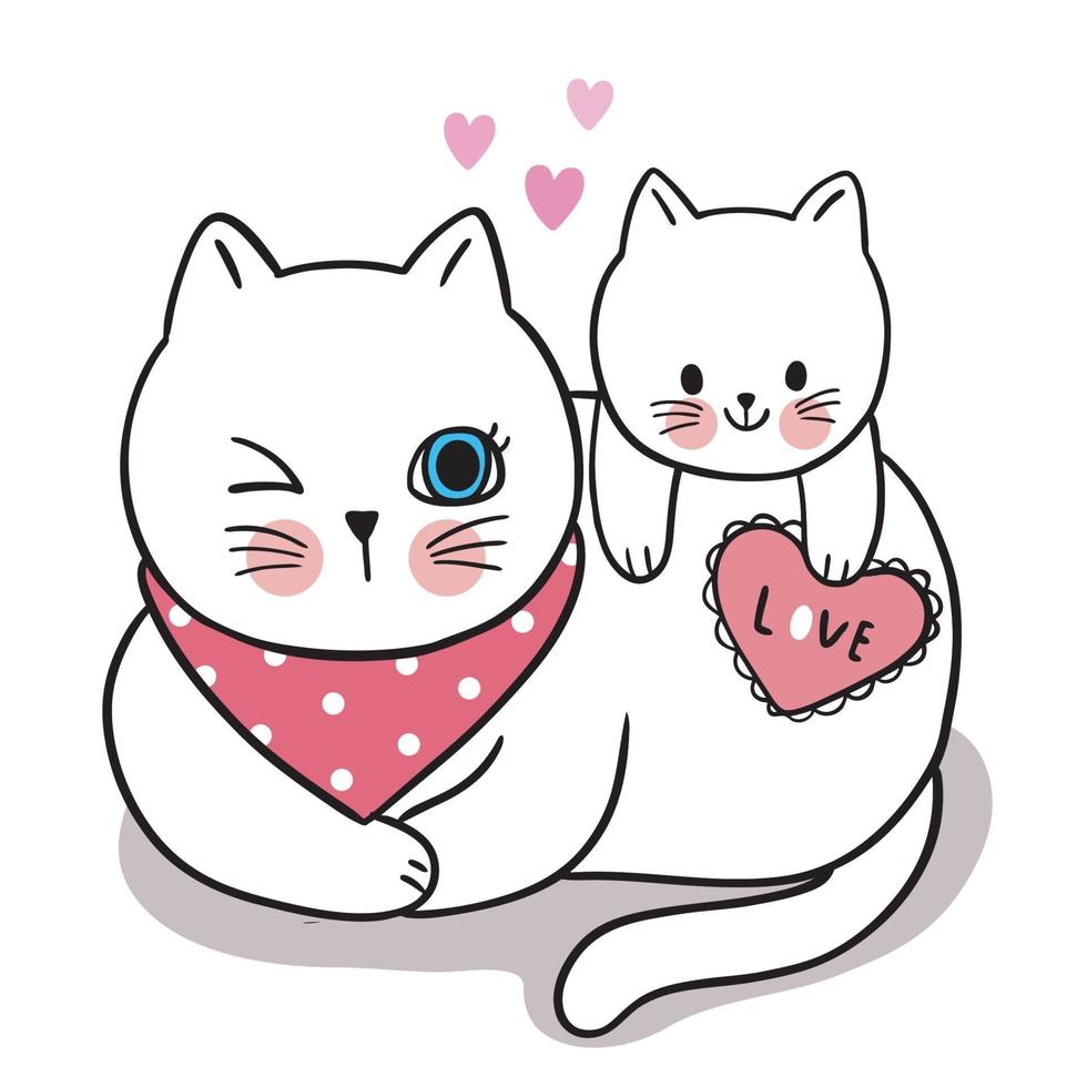 Hand draw cartoon cute Valentine's day, Mom and baby cat and heart vector. vector