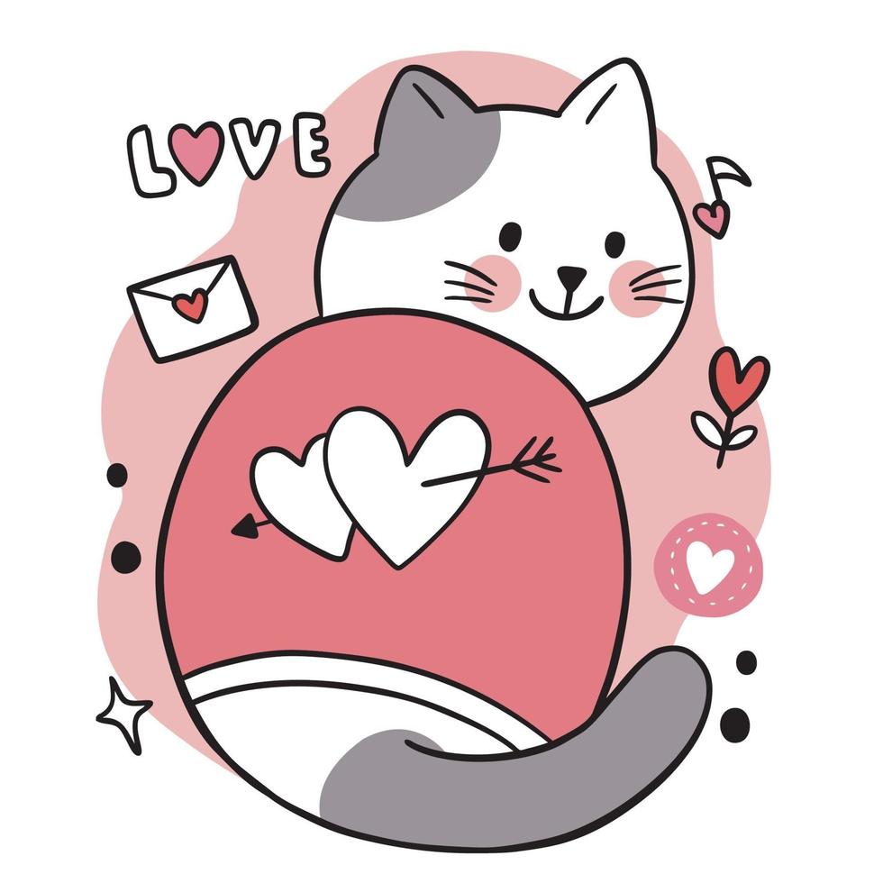 mano dibujar dibujos animados lindo día de san valentín, garabato gato y corazones vector