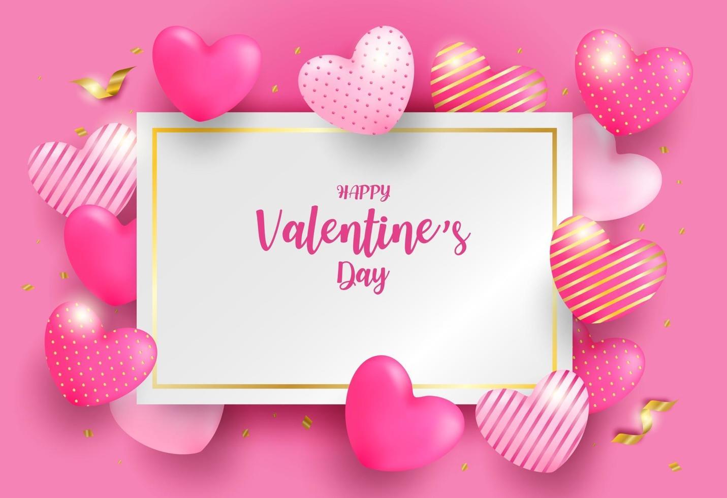 Happy Valentine day background. Design with pink, gold heart  and gold foil confetti on pink background. Vector. vector