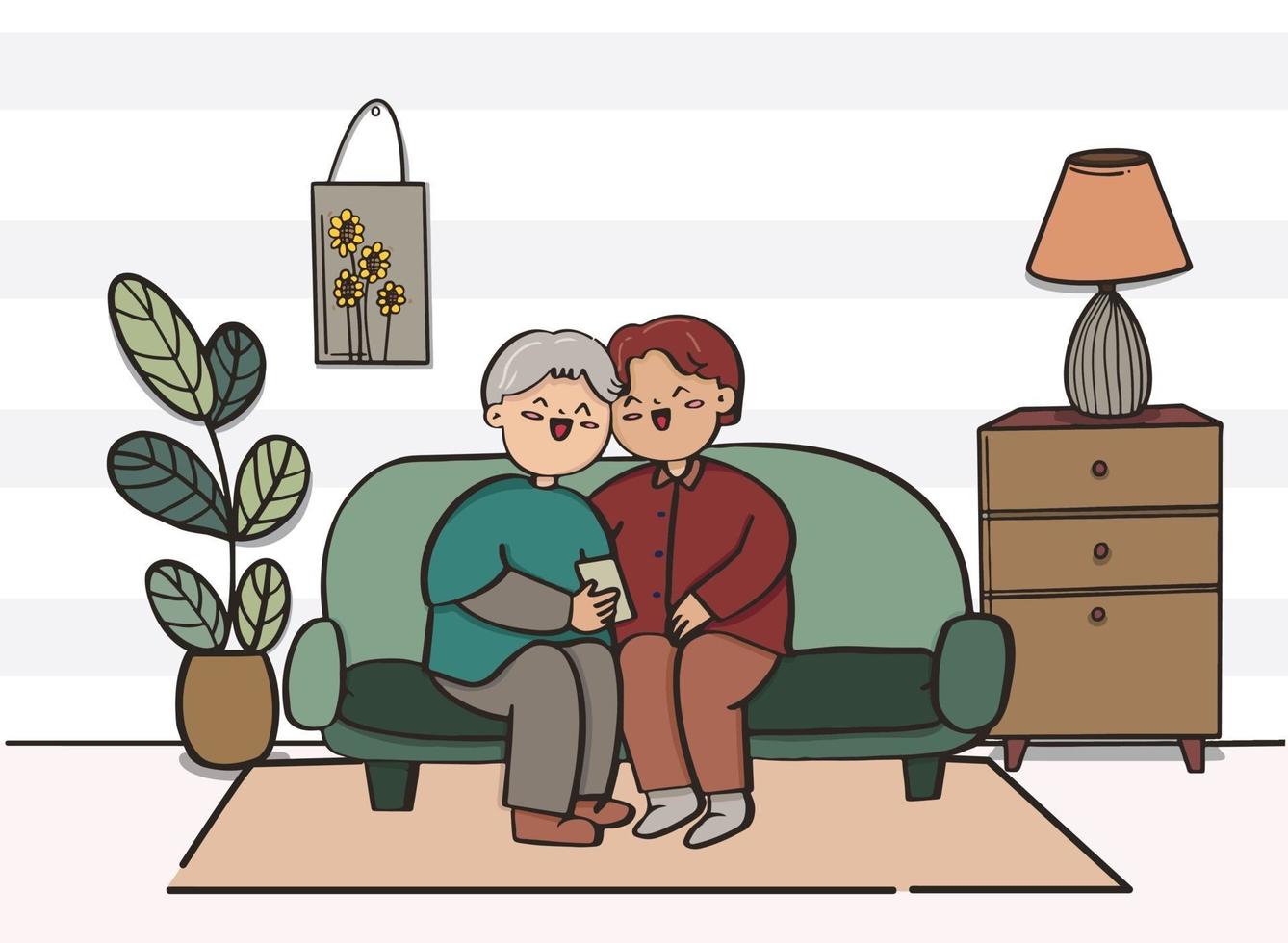 Love couple doing various activities on sofa indoors, Flat design. vector