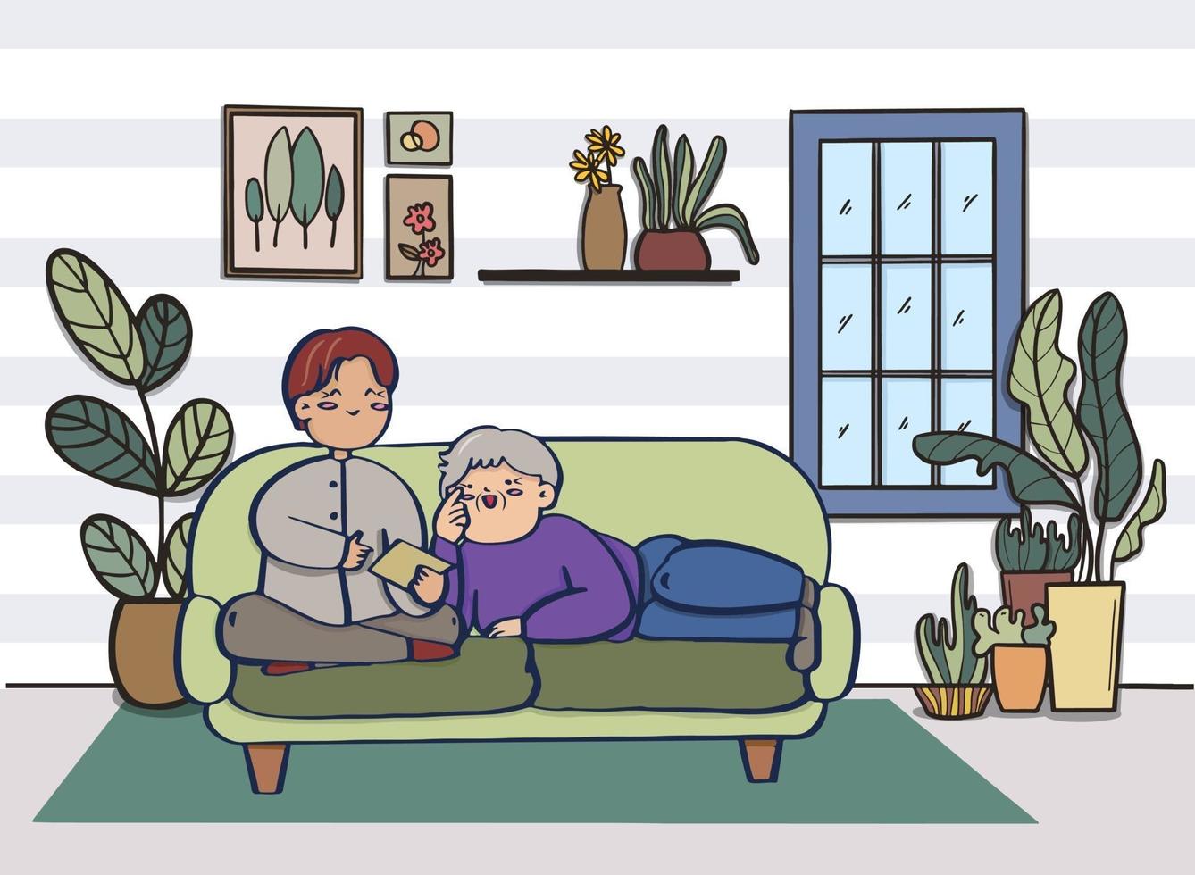 Love couple doing various activities on sofa indoors, Flat design. vector