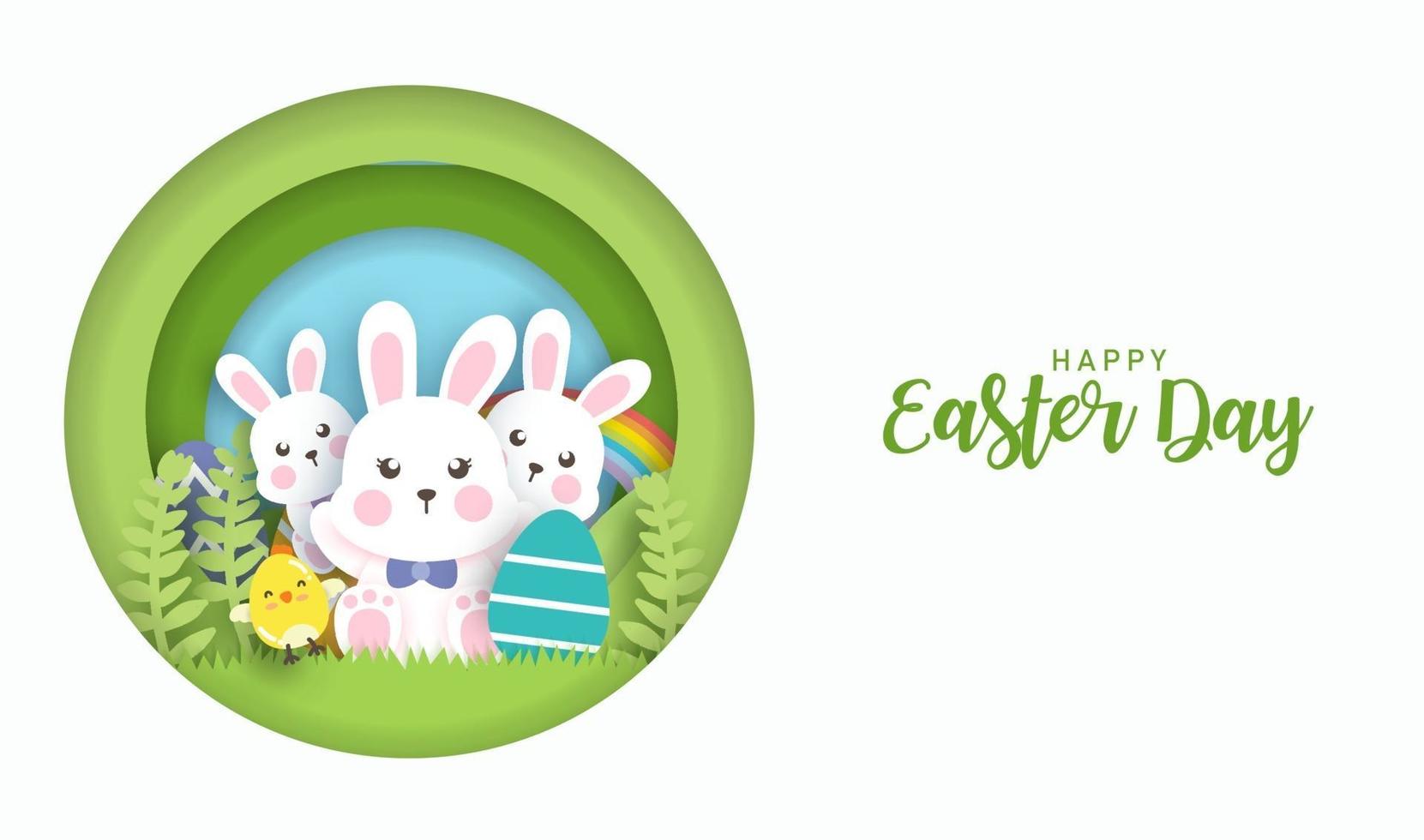 fondo del día de pascua y banner con lindos conejos y huevos de pascua. vector