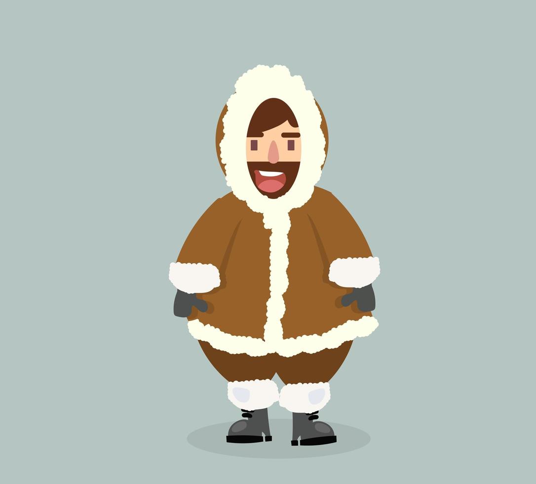 Eskimo man stand in traditional snow fur coat vector
