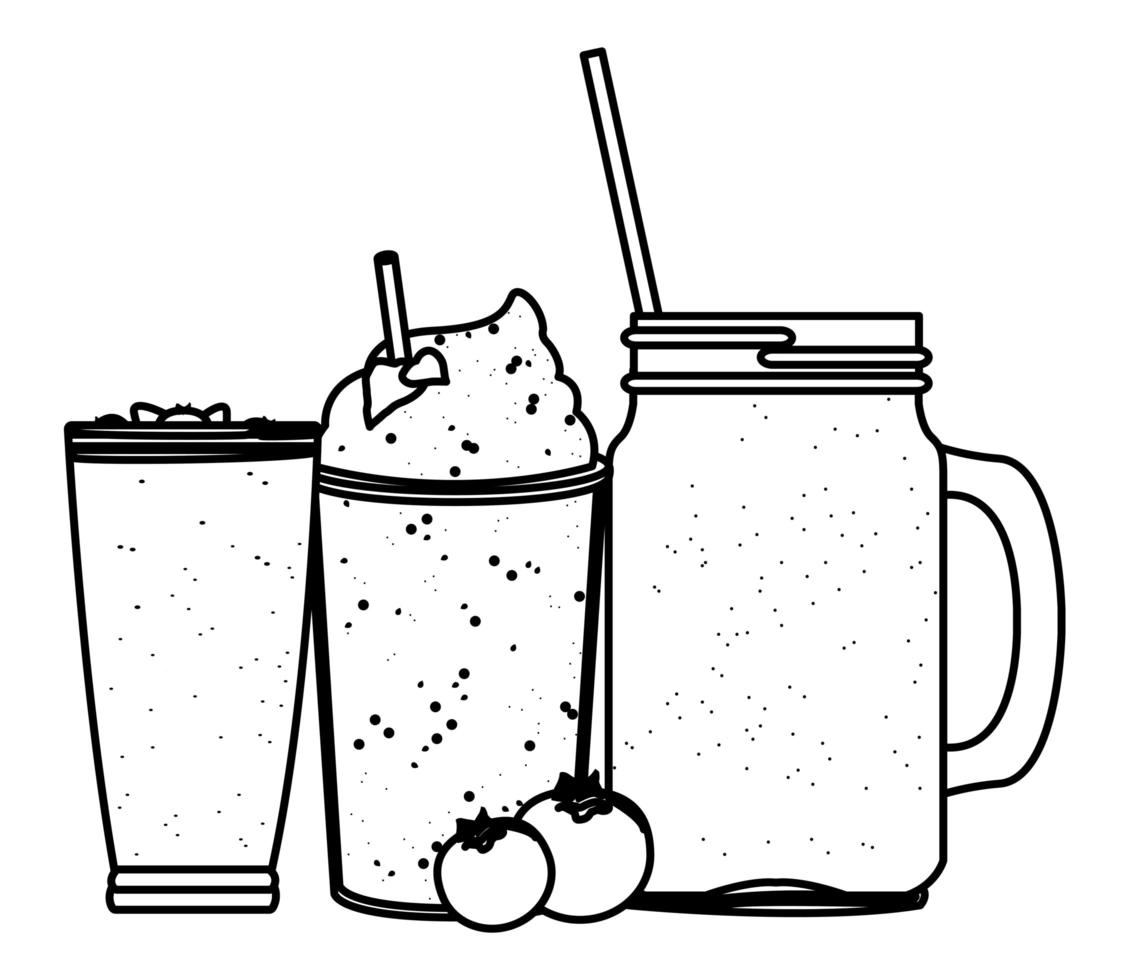 Bebida de frutas tropicales y batidos en blanco y negro. vector