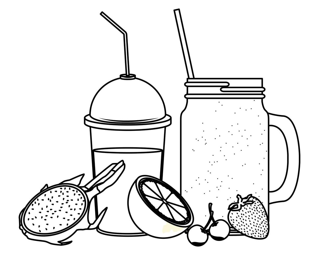 tropical fruit and smoothie drink in black and white vector