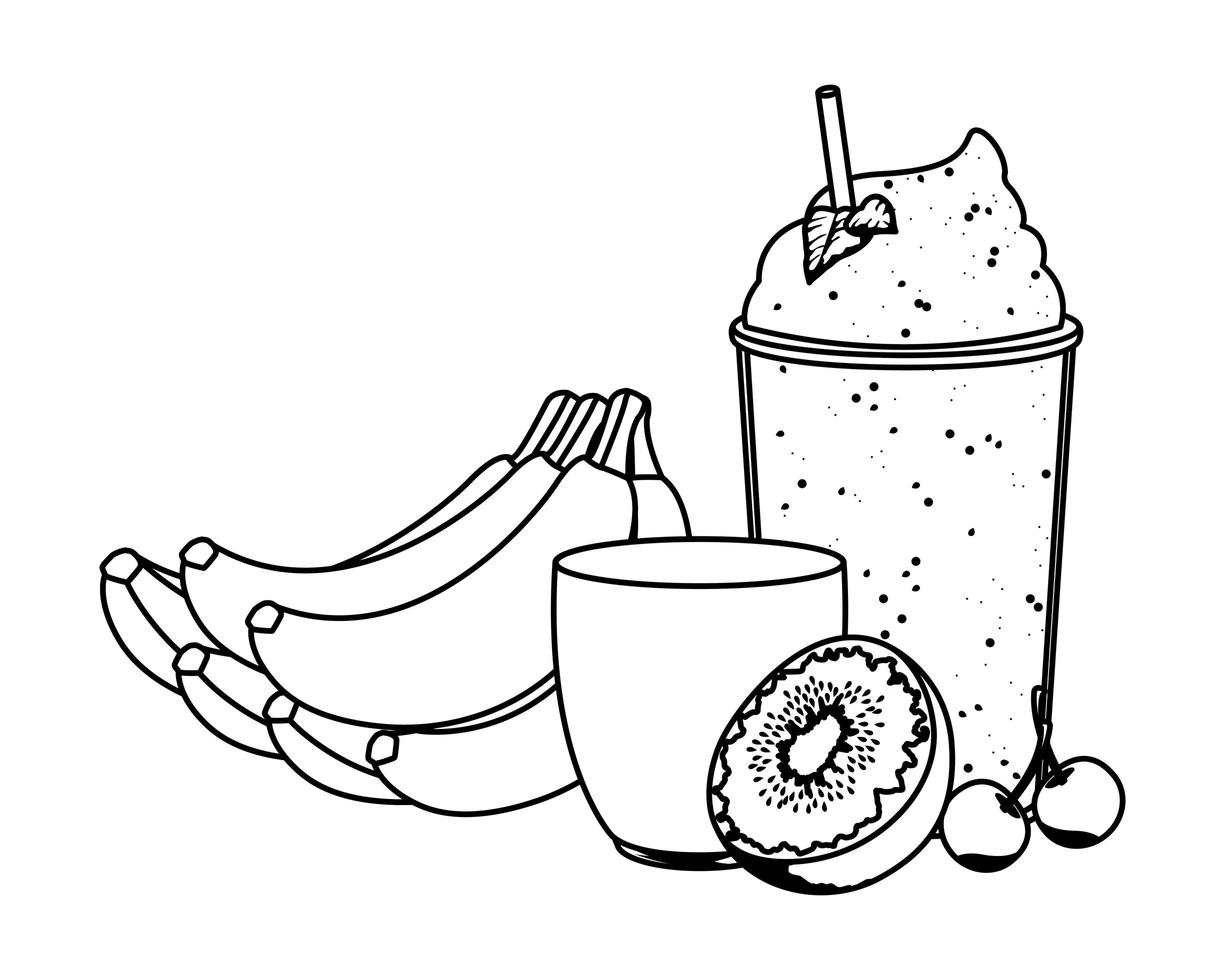 Bebida de frutas tropicales y batidos en blanco y negro. vector