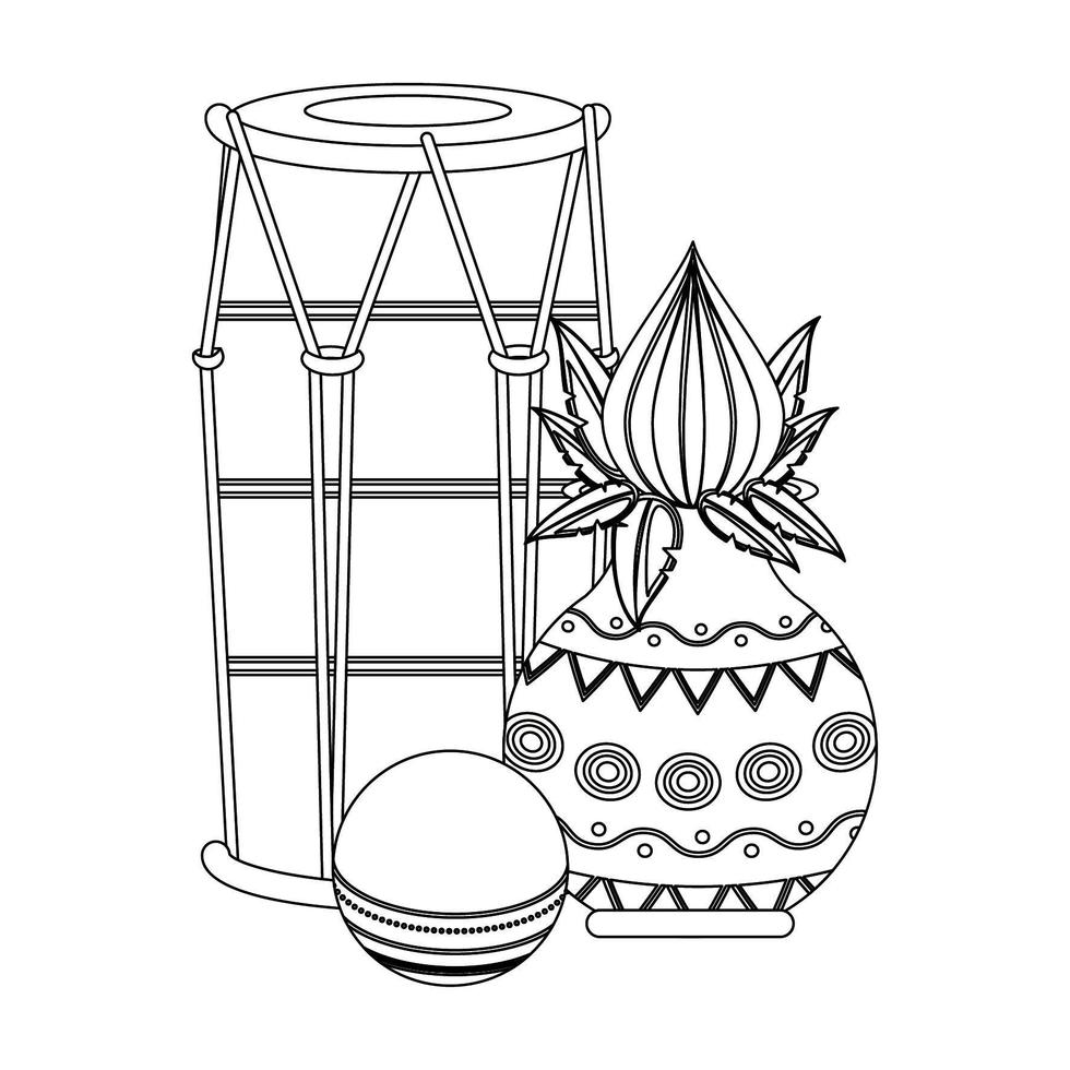 Indian tabla drums with lotus flower in black and white vector